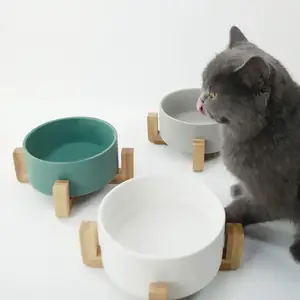 850 ml Green Ceramic Cat Bowl com suporte de madeira Sem derramamento Pet Food Water Feeder Cats Small Dogs,Ceramic Pet Bowl