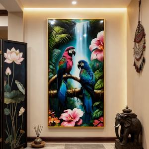 Pintura Decorativa Personalizada para Entrada, Pintura Moderna de Animales, Loros, Arte de Pared para Sala de Estar, Pintura de Porcelana de Cristal con LED - Product Image 1