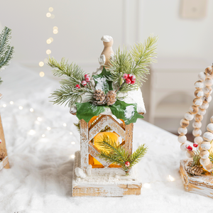 Wooden <b>Christmas</b> <b>Lantern</b> Set with LED Light, Distressed White Farmhouse <b>Lanterns</b> with Snow Effect for Mantel Tabletop Decor - Product Image 4