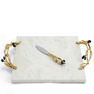 Ensemble de spatules à fromage en marbre avec manche en branche d'olivier dorée et planche à découper, idéal pour une utilisation en cuisine, à la maison et au restaurant - Product Image 1