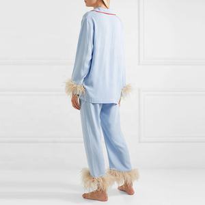 Moda cómoda manga larga cintura elástica pluma strimmed cielo azul pijama conjuntos mujer ropa de dormir - Product Image 4