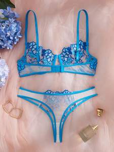 Set Lingerie Donna in Pizzo Trasparente Blu con Ricamo Floreale, Reggiseno Push-up e <span class=keywords><strong>Perizoma</strong></span>, 2 Pezzi, Intimo Disponibile nel Magazzino USA - Product Image 5