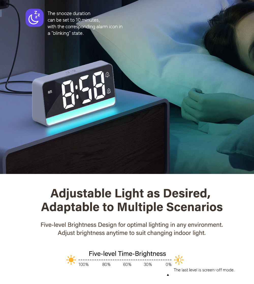 OEM ODM LED Digital Display Multi Functional Table Alarm Clock With Snooze Ambient Light Desk Clock
