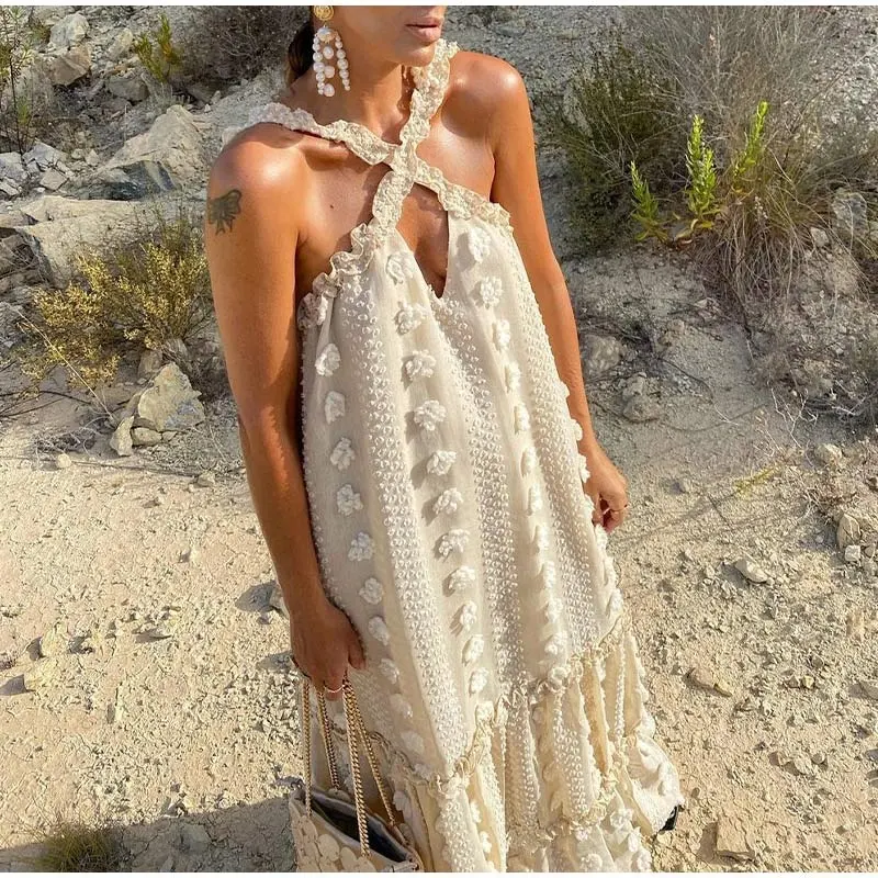 Fashion Ruffle Beach Long Robe 2022 Elegant Slip Holiday Hollow Out Dresses Halter Maxi Summer Sundress Dress For Women