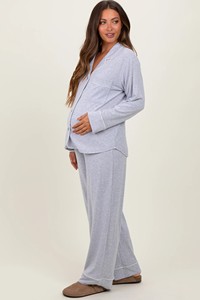 Ensemble pyjama de maternité 2 pièces, haut à col en V boutonné, pantalon large, pour femmes enceintes - Product Image 3