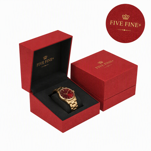 Fivefine Handmade Luxury Red Paperboard Clamshell Watch Box Set Embossing Glossy/Matt Lamination for Five-Piece Wristwatch