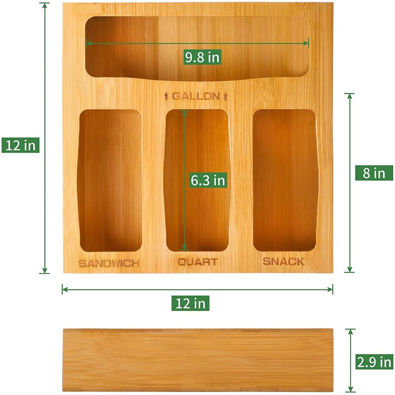 Bamboo ziplock bag storage organizer and dispenser for kitchen drawer