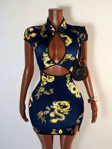 Women's Print Cheongsam-Inspired Bodycon Mini Dress Mandarin Collar Cutout Buttons Party Dresses Fashion - Product Image 2