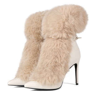 Women Stiletto Thin Heels Furry Short Boots Big Size 47 Back Lace up <b>Shoes</b> Dress Wide Fit Fluffy Fur Ankle Booties - Product Image 3