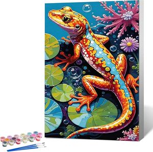 Peinture à l'huile numérique Songwoo Vivid Multicolor Gecko avec feuilles de lotus et bulles de corail, <span class=keywords><strong>art</strong></span> <span class=keywords><strong>pop</strong></span> naturelle tropicale, kit de peinture par numéros - Product Image 2