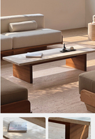Table basse rectangulaire en travertin de style nordique pour salon, base en bois, plateau en pierre naturelle, idéale pour hall d'hôtel