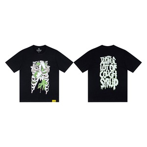 Camiseta de algodón grueso de 240g |   Camiseta Oversize de Streetwear con Estampado Gráfico de Esqueleto y Letras con Efecto Goteo - Product Image 2