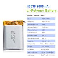 Batería de Litio LiPo de 3.8V y 2080mAh, Celda de Polímero de Litio 113538LP, Alta Tensión, Capacidad Personalizada