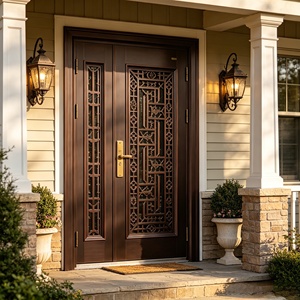 Porte de sécurité antivol en acier, porte d'entrée en métal avec impression imitation bois et fenêtre latérale pour villa et appartement - Product Image 6