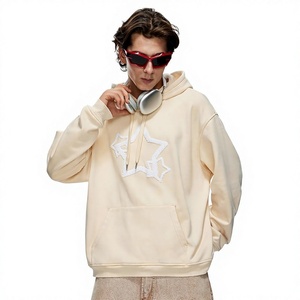 Sweat-shirt à capuche oversize pour homme, couleur crème, avec poche brodée étoile, en polaire décontracté pour l'automne - Product Image 3