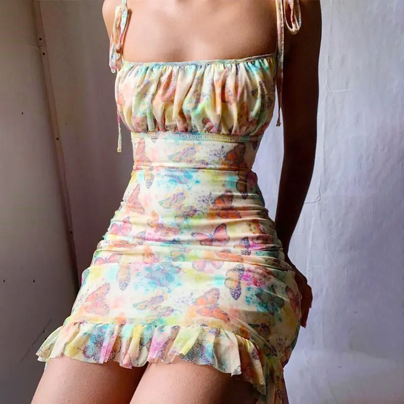 준비 배송 S M L 섹시한 여름 우아한 나비 어린 십대 소녀 스트랩 캐주얼 튜브 드레스