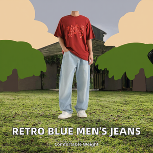 OEM Pantalon droit pour homme, grande taille, taille mi-haute, style rétro urbain, motif imprimé, doux, respirant, lavage chimique, bleu - Product Image 2