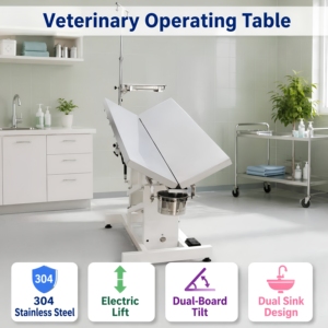 Table d'opération vétérinaire électrique EURVET économique en acier inoxydable 304 avec double plateau, double évier et crochets pour bandages - Product Image 1