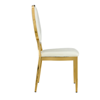 Chaise de mariage extérieure moderne, nouveau design 2025, avec dossier ovale, en métal doré, empilable et imperméable, portable pour hôtels et salons