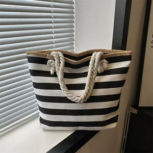 Bolso de mano personalizado de gran capacidad con diseño de rayas, bolso de lona para la playa, bolso de compras con cremallera, bolso de hombro para viaje. - Product Image 5