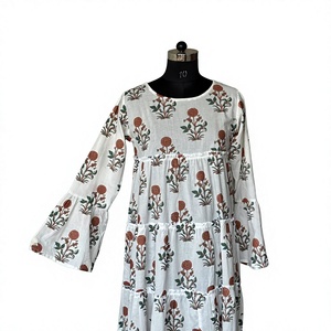 Women's <b>Bohemian</b> <b>Summer</b> Breathable ODM Floral Print Tiered Mini Babydoll <b>Dress</b> with Puff Sleeves 100% Cotton A-Line Silhouette - Product Image 3