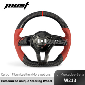 Volante de Fibra de Carbono Personalizado para <span class=keywords><strong>Mercedes</strong></span>-Benz 2019-2020 W205 W213 C E CLE GLC E300 con Empuñaduras de Cuero Perforado <span class=keywords><strong>Rojo</strong></span> - Product Image 2