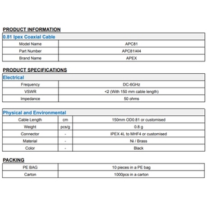 Cable Coaxial de 150 mm con Impedancia de 50 ohmios y Cable RF de 0.81, Fabricado en Taiwán, DC-6GHz - Product Image 2