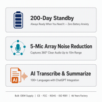 Enregistreur vocal IA 4 Go, 120 jours en veille, 48h d'enregistrement |   BLE5.3 WiFi 3 micros à conduction osseuse 32,5g Aluminium OEM