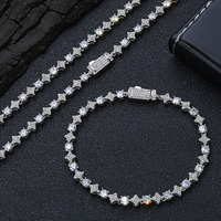 Parures de bijoux fantaisie pour hommes : Collier et bracelet tennis étoile en zircon avec diamant rond et fermoir boîte, étanche