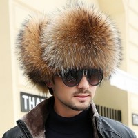 Gorro Ushanka Ruso de Invierno para Hombre, de Piel Auténtica de Zorro Plateado y Mapache, Impermeable, Tipo Bomber, para Viajes al Aire Libre y Pesca