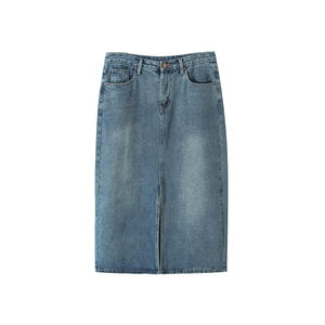 Jupe longue droite en jean Runqi grande taille pour femme, bleu uni, avec fente, taille naturelle en coton N8893 - Product Image 1