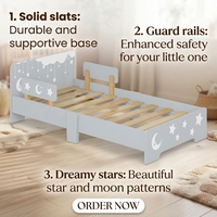 Lit pour tout-petit Grey Moon Star avec support en lattes de bois et barrières de sécurité, chambre d'enfant, lit pour enfants