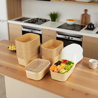 Conteneurs et Assiettes Salade Biodégradables en Carton Kraft Rectangulaires Jetables Écologiques avec Couvercles Gaufrés pour Vente en Gros et Plats à Emporter