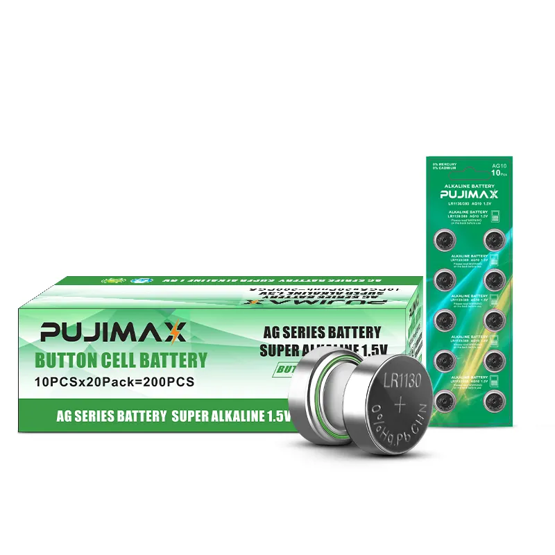 PUJIMAX 200 Uds batería de botón 1,5 V alcalina AG10 LR1130 gran capacidad sin batería de botón de cadmio Mercuty para reloj Digital