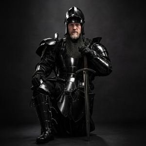 Armadura de Caballero de Acero Negro Hecha a Mano con Casco Barbuta y Cota de Malla, Disfraz de Cruzado Usable, Coleccionable y Personalizable - Product Image 1