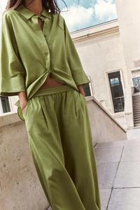 Primavera Casual donna adulta ampia Oversize comoda camicia con bottone a maniche lunghe e <span class=keywords><strong>pantaloni</strong></span> larghi Set camicia di <span class=keywords><strong>lino</strong></span> verde - Product Image 3