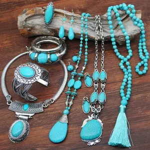 Vintage Western Sieraden Turquoise Sets Etnische Stijl Ketting Armband Oorbel Set Kralen Ketting Turquoise Sieraden Set