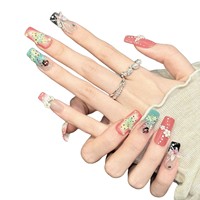 Faux Ongles Press-On Personnalisables Faits Main en Acrylique Premium, Forme Cercueil, Longueur Moyenne, Thème Floral Coccinelle, Accents Cristallins – Vente en Gros