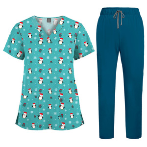 Conjuntos de Uniformes Médicos con Cuello en V y Estampado de Dibujos Animados 64001, Pantalones Rectos de Color Sólido, Tela Tejida de Spandex/Poliéster, Unisex - Product Image 3