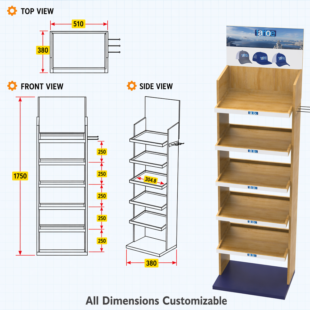Plywood Floor Hat Display Stand 5-Tier Angled Shelves Custom Logo Header Retail Cap Rack for Clothing Boutique Souvenir Shop — view 4
