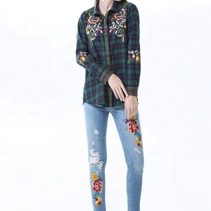 Ropa Casual para Mujer 2023, Camisa a Cuadros con Bordado de Manga Larga, Blusas y Tops para Mujer, S-04, Liso Teñido, Poliéster/Algodón, Corte Regular - Product Image 2