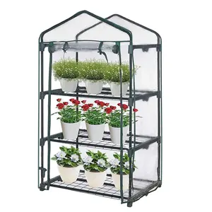 3 Tier Garden Mini Portable Greenhouse with Roll-Up Zippered Door PVC Cover for Outdoor Garden Plant