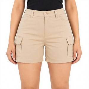 Shorts cargo en toile kaki pour femme, taille mi-haute, fermeture boutonnée, coupe droite, décontracté, uni, respirant, poches 3D - Product Image 1
