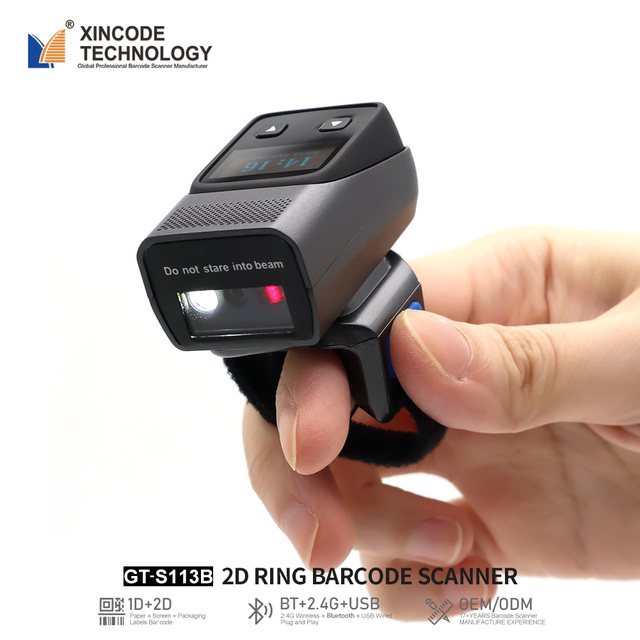 Xincode Ring Barcode Scanners Portatil Qrcode Reader Wireless 2D Scanning Qr Finger Wearable Bar Code Scanners GT-S113B
