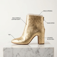 Bottines à talon carré en cuir froissé doré métallisé, bout arrondi, fermeture éclair arrière
