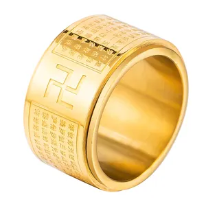 South East Asia Male And Female Stainless Steel Vacuum plated 18K Gold Rotating Wide Buddhist Scripture Rings