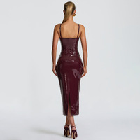 Neues Sexy Langes Kleid für Damen, Sommerkleider, Einfarbiges PU-Leder Trägerloses Kleid, Sexy Enges Rückenfreies Kleid