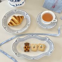 Rustieke boerderijstijl Scandinavische blauwe kant keramiek koffiekopje schotel dessertbord set voor afternoon tea