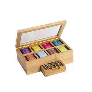 Kichenest Bamboo Tea Box Organizer Chest Caddy With 8 Compartments For Up To 140 Tea Bags Elegant Wood, Magnetic Closure, Cle