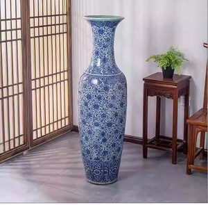 แจกันดอกไม้เซรามิกจิ่งเต๋อเจิ้น ของตกแต่งศิลปะสำหรับภายในและภายนอกอาคาร แจกันเซรามิกสีน้ำเงินขาวขนาดใหญ่ - Product Image 2